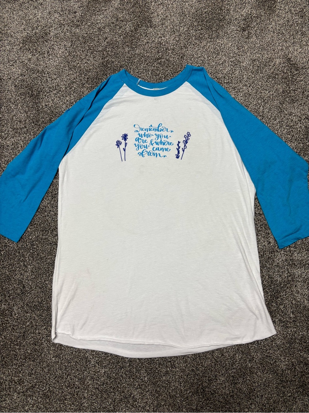 Blue/White Baseball Tee W/Floral remember who you are & where you came from XL